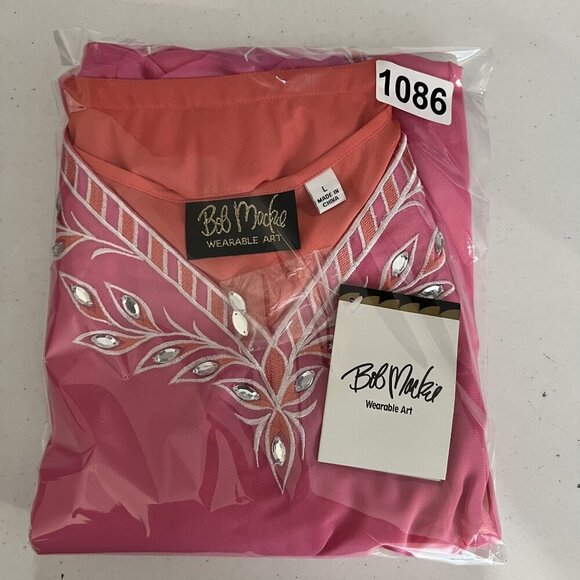 Bob Mackie NWT L Pink Embroidered Chiffon Tunic Embellished Top 3/4 Sleeve Artsy - Picture 16 of 16